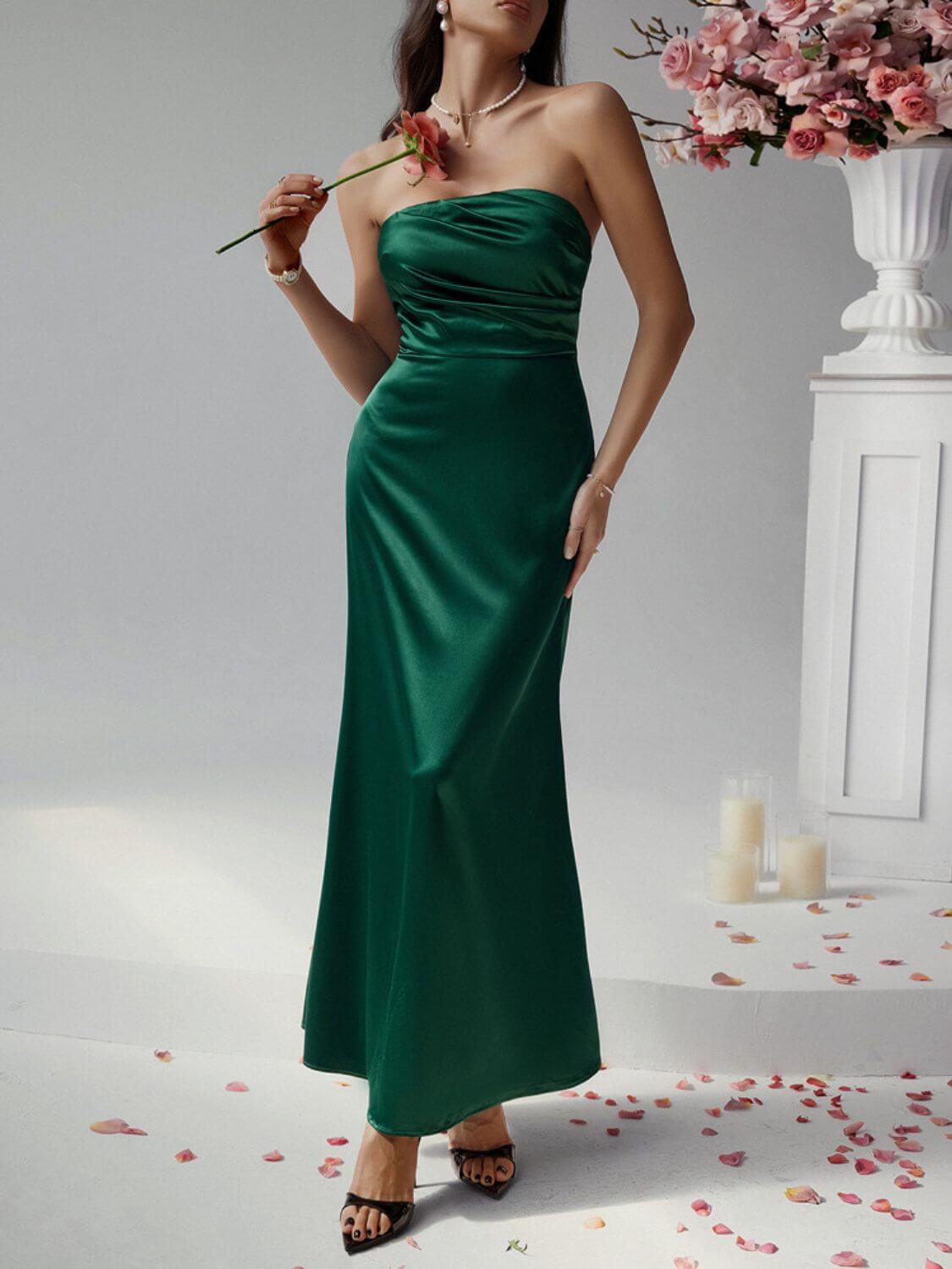 Devine Ruched Tube Maxi Dress satin dress Luxurious Weddings