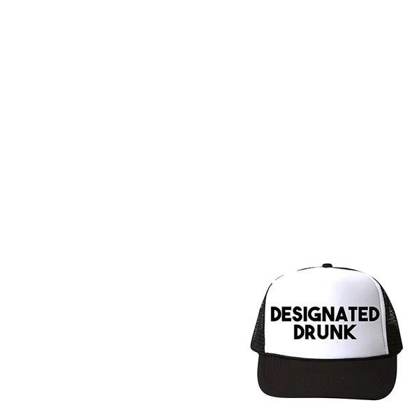a white and black hat with the words designated drunk on it