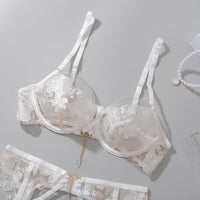 Floral lace transparent bra and G-string set, perfect for lingerie in NZ, showcasing elegance and comfort.