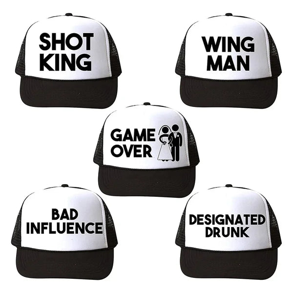 four hats with the words game over printed on them