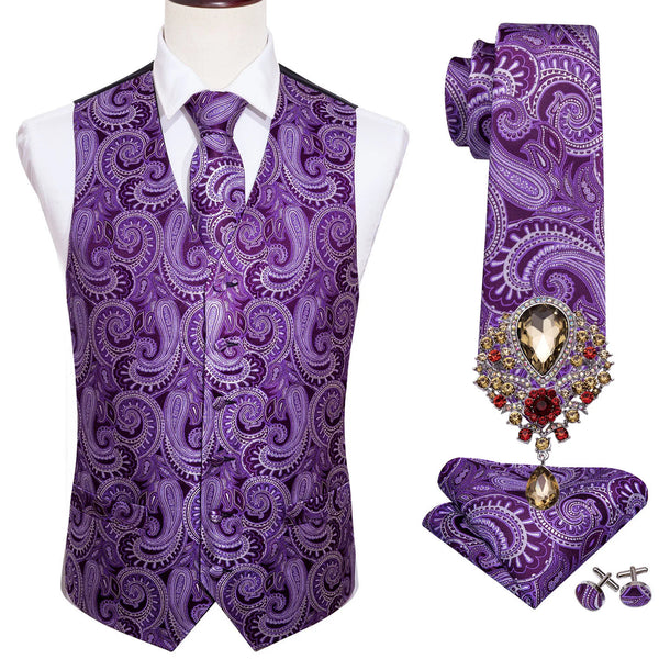 a purple vest, tie, and cufflinks are on a mannequin
