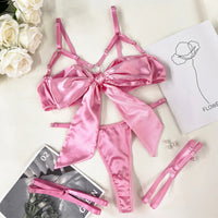 Bowknot Open Bra Lingerie Set in pink satin, featuring intricate straps and breathable material, perfect for romantic occasions.