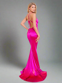 Hot Pink V-Neck Satin Evening Long Dress Satin Evening Dress Luxurious Weddings