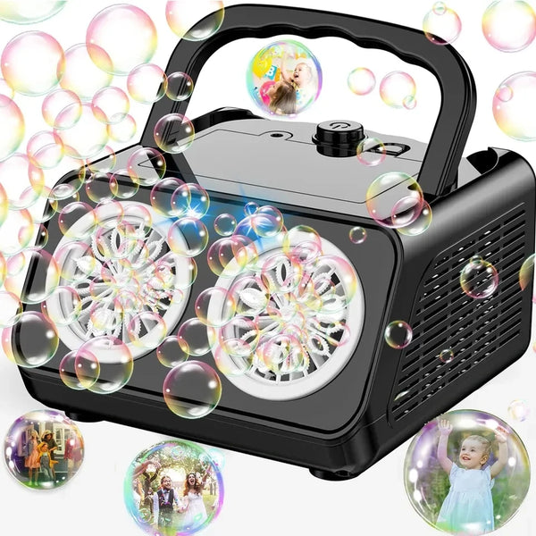 a black speaker with bubbles floating around it
