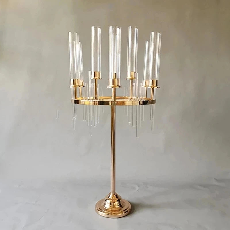 a brass and glass candelabra with eight candles