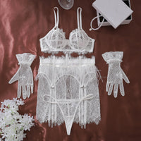 Elegant Sissy Lace Suspender Set with matching panties and gloves, perfect for enchanting lingerie moments in NZ.