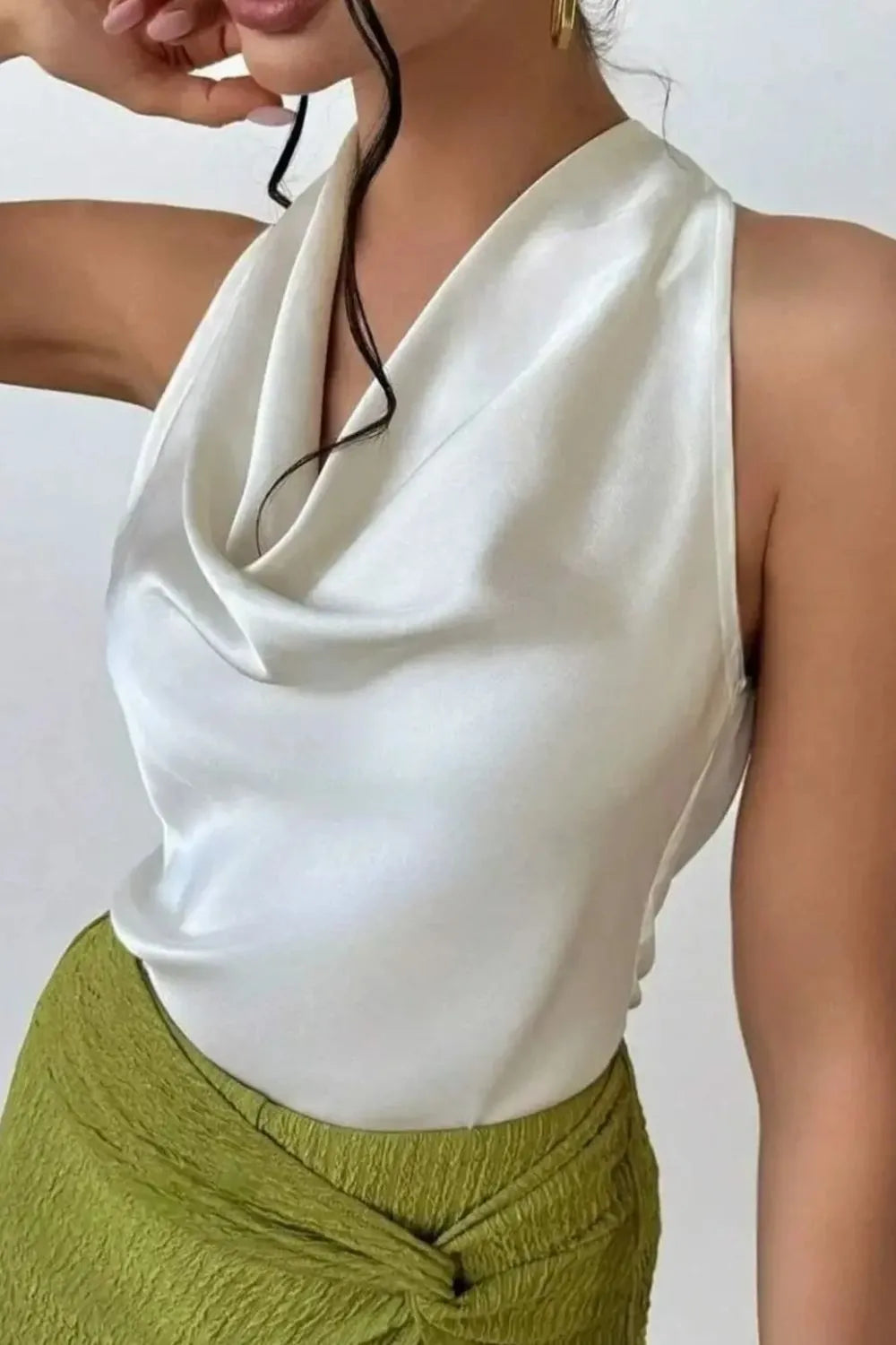 Satin Cowl Neck Sleeveless Blouse Women's Tops Luxurious Weddings