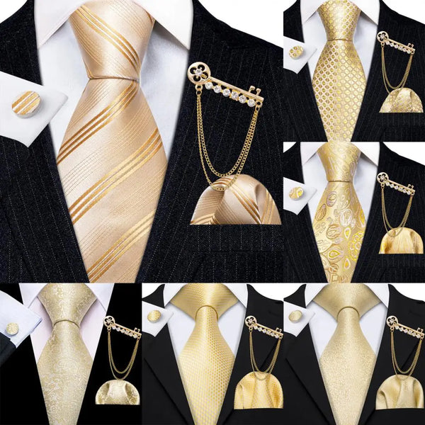 a collage of a man in a suit with a gold tie and a gold