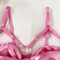 Close-up of pink satin lingerie straps featuring adjustable buckles and a circular ring, highlighting elegance.