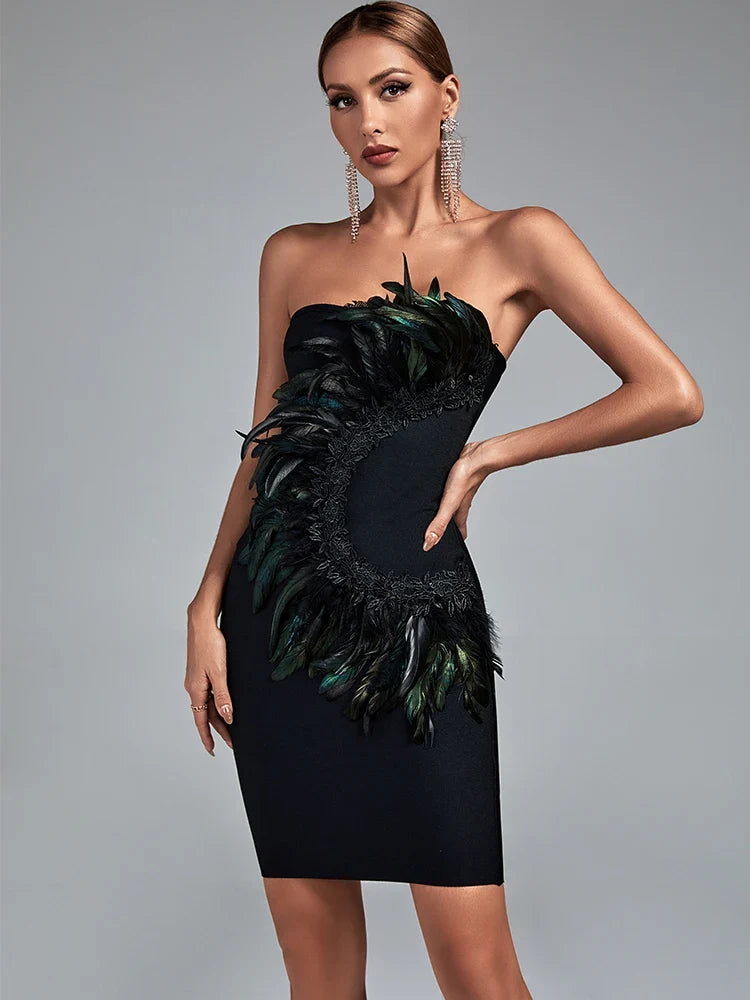 Green Lace Feather Bandage Dress Dress Luxurious Weddings