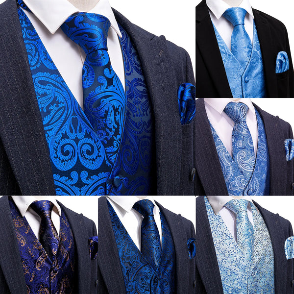 a suit with a blue paisley tie and matching vest