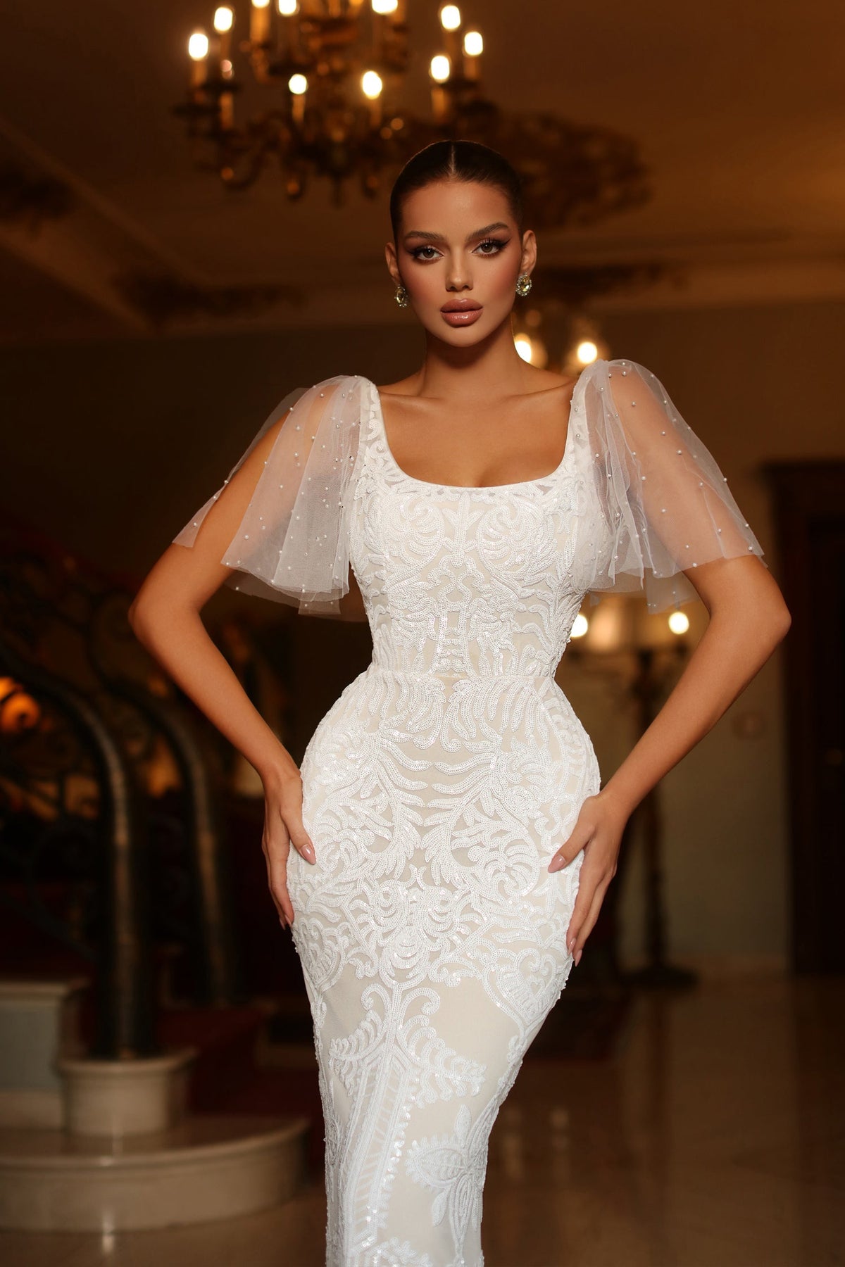 Maria Sequin Detachable Sleeve Wedding Dress wedding dress Luxurious Weddings