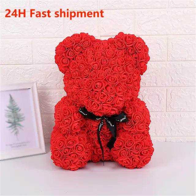 Rose Teddy Bear 25cm Artificial Flowers Rose Bear with Box Light Rose Bear Luxurious Weddings