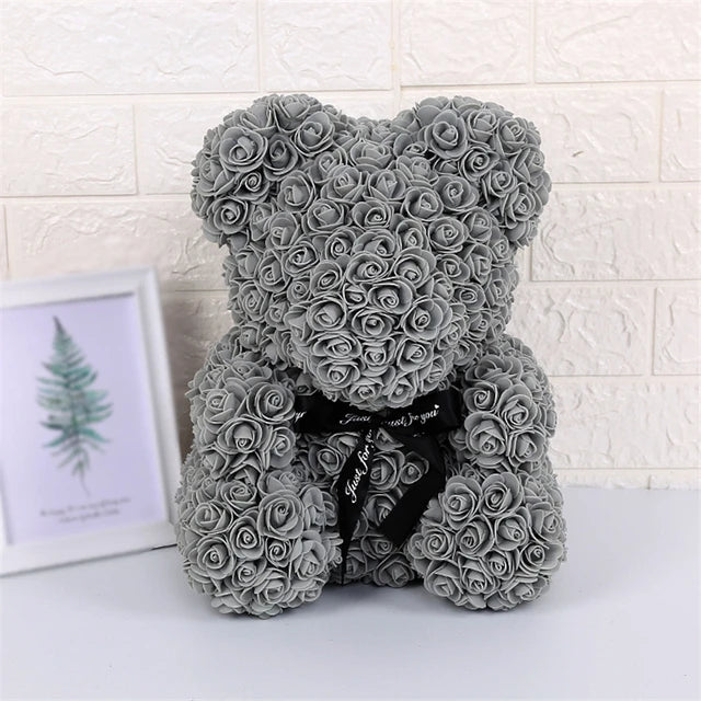 Rose Teddy Bear 25cm Artificial Flowers Rose Bear with Box Light Rose Bear Luxurious Weddings