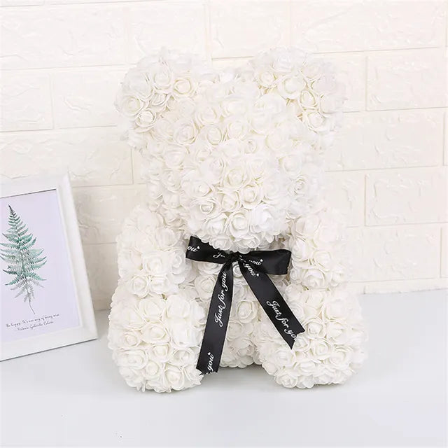 Rose Teddy Bear 25cm Artificial Flowers Rose Bear with Box Light Rose Bear Luxurious Weddings