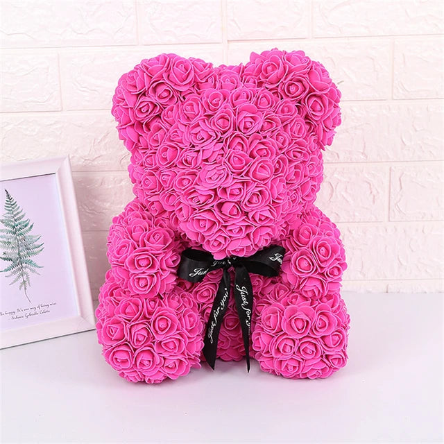 Rose Teddy Bear 25cm Artificial Flowers Rose Bear with Box Light Rose Bear Luxurious Weddings