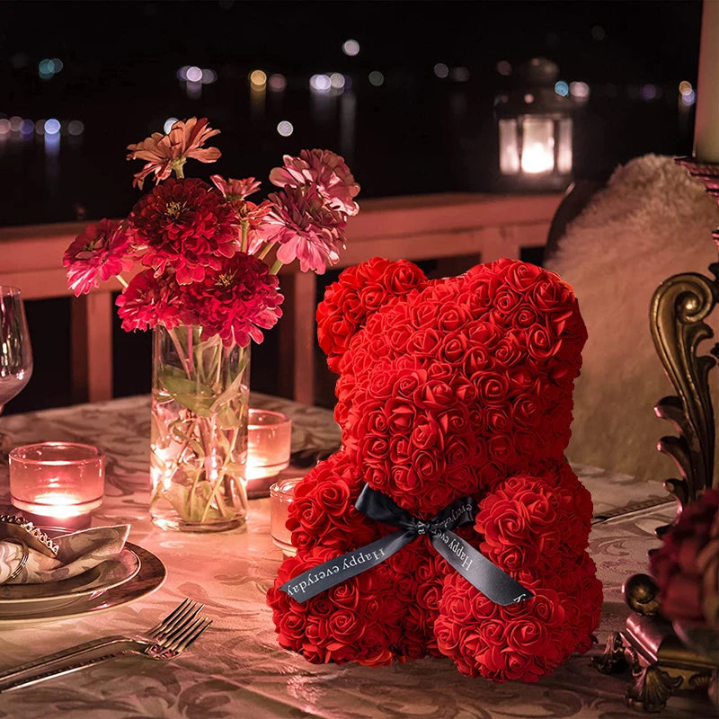 Rose Teddy Bear 25cm Artificial Flowers Rose Bear with Box Light Rose Bear Luxurious Weddings