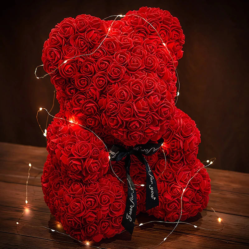 Rose Teddy Bear 25cm Artificial Flowers Rose Bear with Box Light Rose Bear Luxurious Weddings
