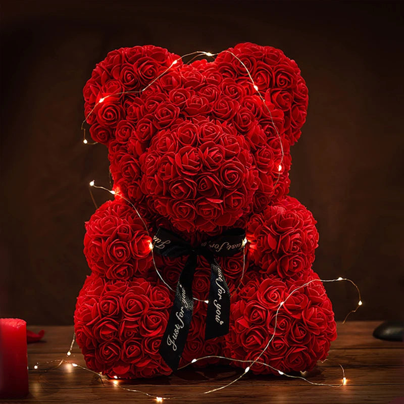 Rose Teddy Bear 25cm Artificial Flowers Rose Bear with Box Light Rose Bear Luxurious Weddings
