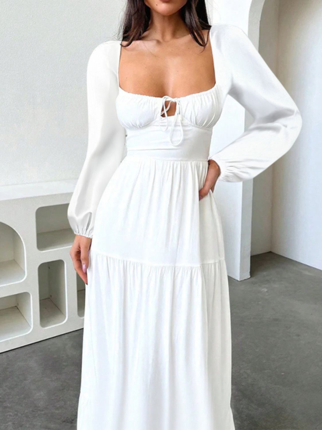 Devine Tie Front Long Sleeve Maxi Dress Maxi dress Luxurious Weddings