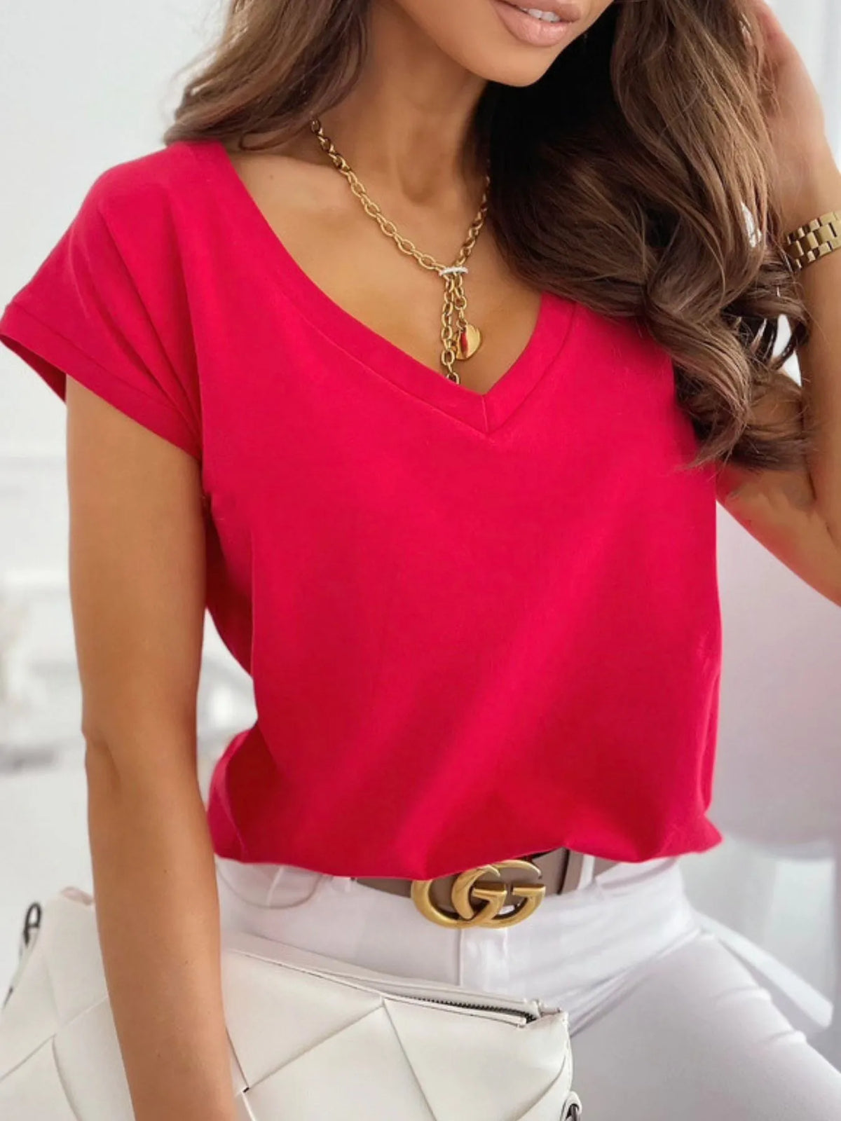 V-Neck Short Sleeve T-Shirt Women's Tops Luxurious Weddings