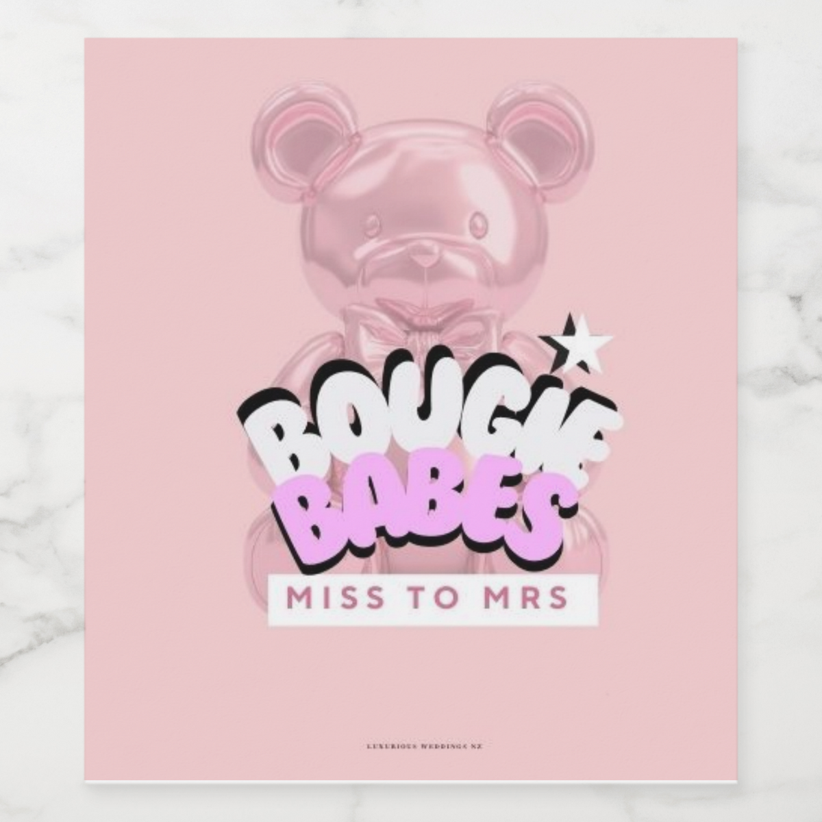 Fun bachelorette party graphic featuring a bear and the words 'Bougie Babes Miss to Mrs' on pink background.