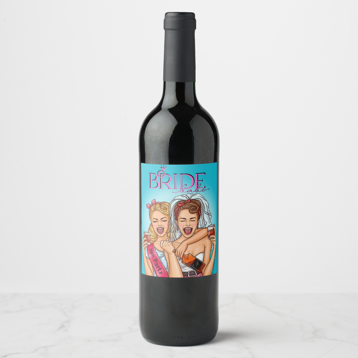 Bachelorette wine bottle with fun label featuring two brides celebrating glamorously.