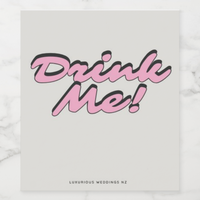 Bachelorette wine label design featuring playful text 'Drink Me!' in pink on a neutral background.