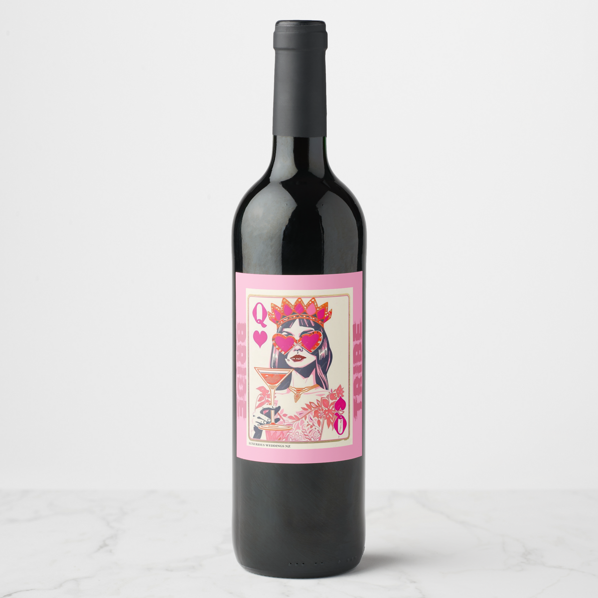 Bachelorette wine bottle with festive label featuring vibrant design and playful elements for a stylish celebration.