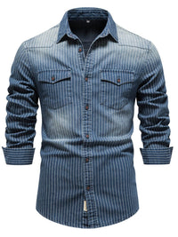 Men's Striped Collared Neck Button Down Denim Shirt Men's Shirts Luxurious Weddings