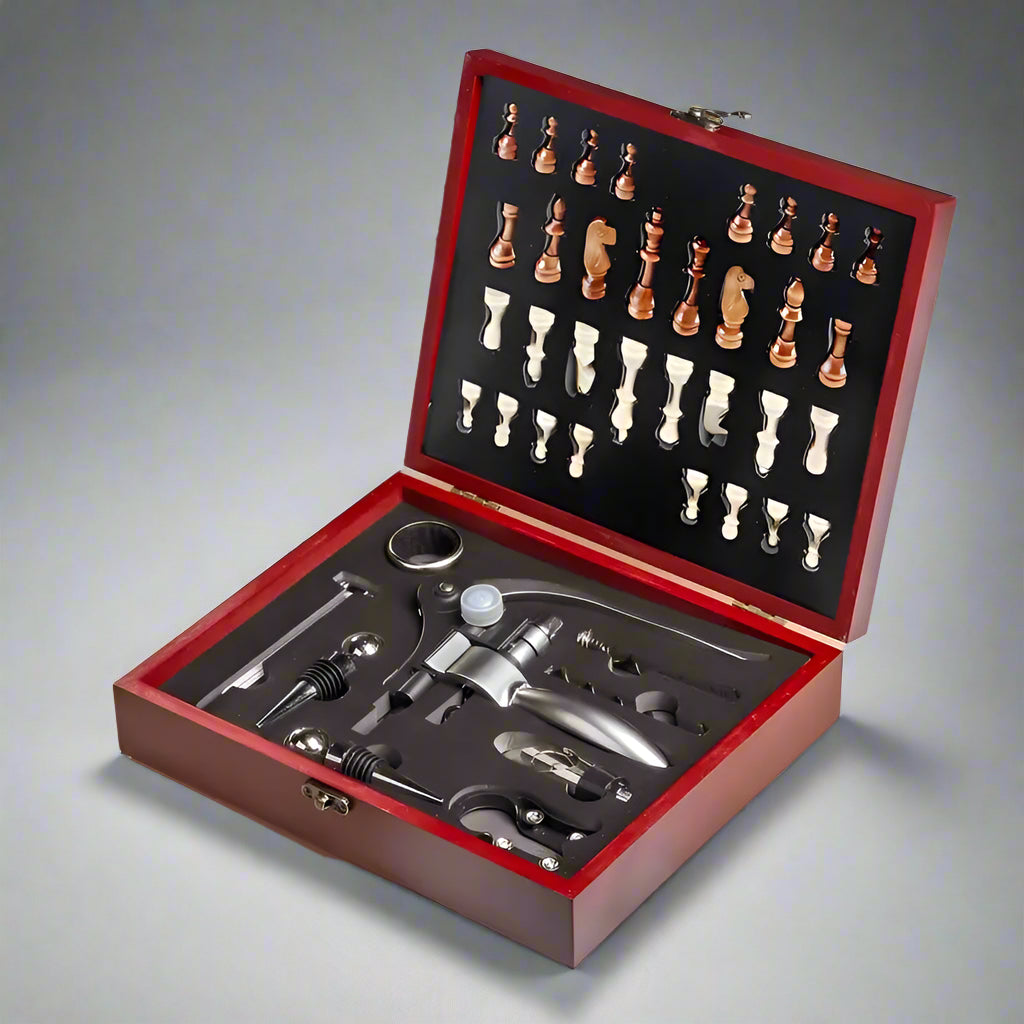 Chessboard wine tool set in a mahogany box, featuring wine accessories including a corkscrew and elegant chess piece designs.