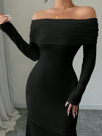 Off-shoulder long sleeve bodycon maxi dress in black, showcasing flared sleeves and a fitted silhouette.
