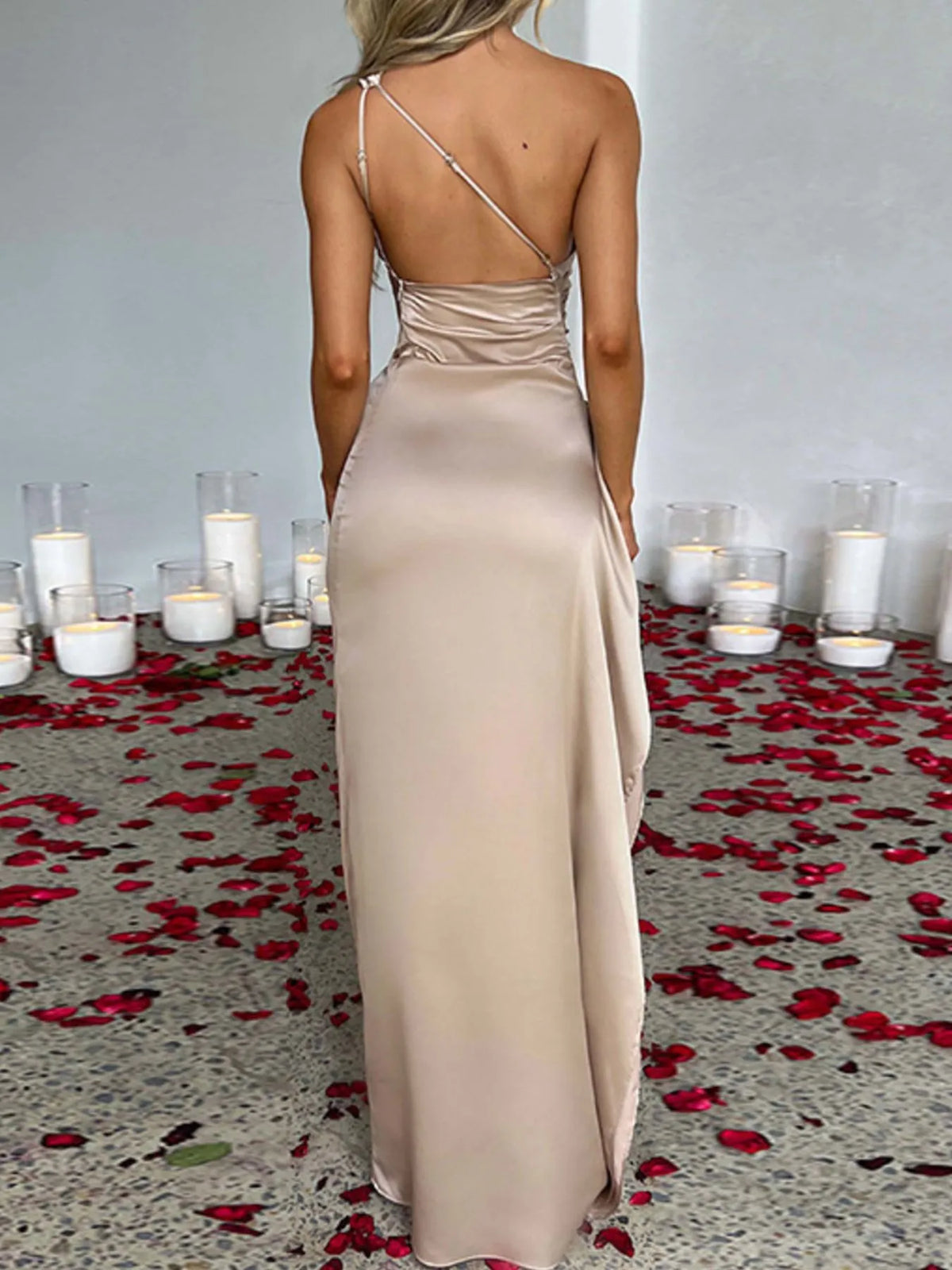 One Shoulder Satin Dress with High Slit formal dresses Luxurious Weddings