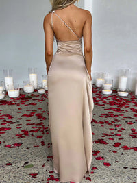 One Shoulder Satin Dress with High Slit formal dresses Luxurious Weddings