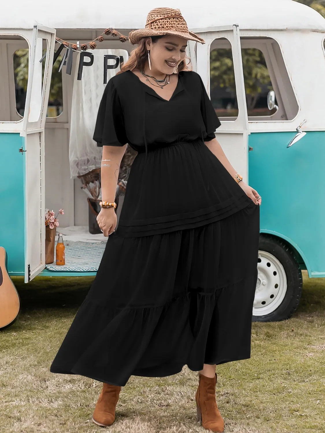 Plus Size Tie Neck Flutter Sleeve Dress Luxurious Weddings