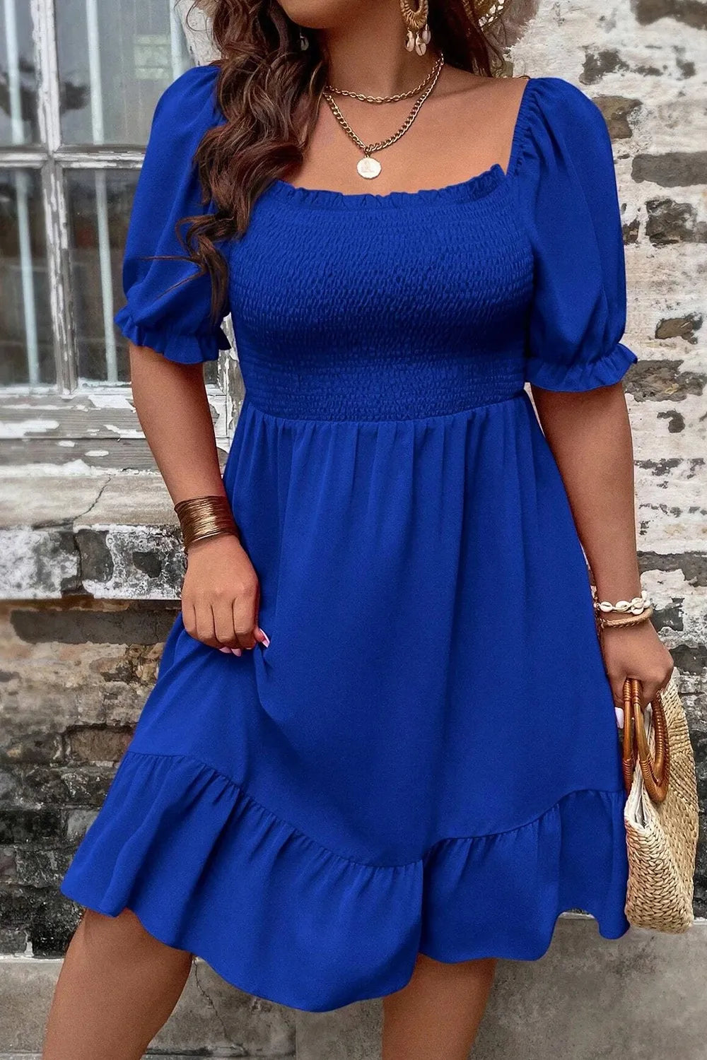 Plus Size Smocked Square Neck Short Sleeve Dress Dress Luxurious Weddings