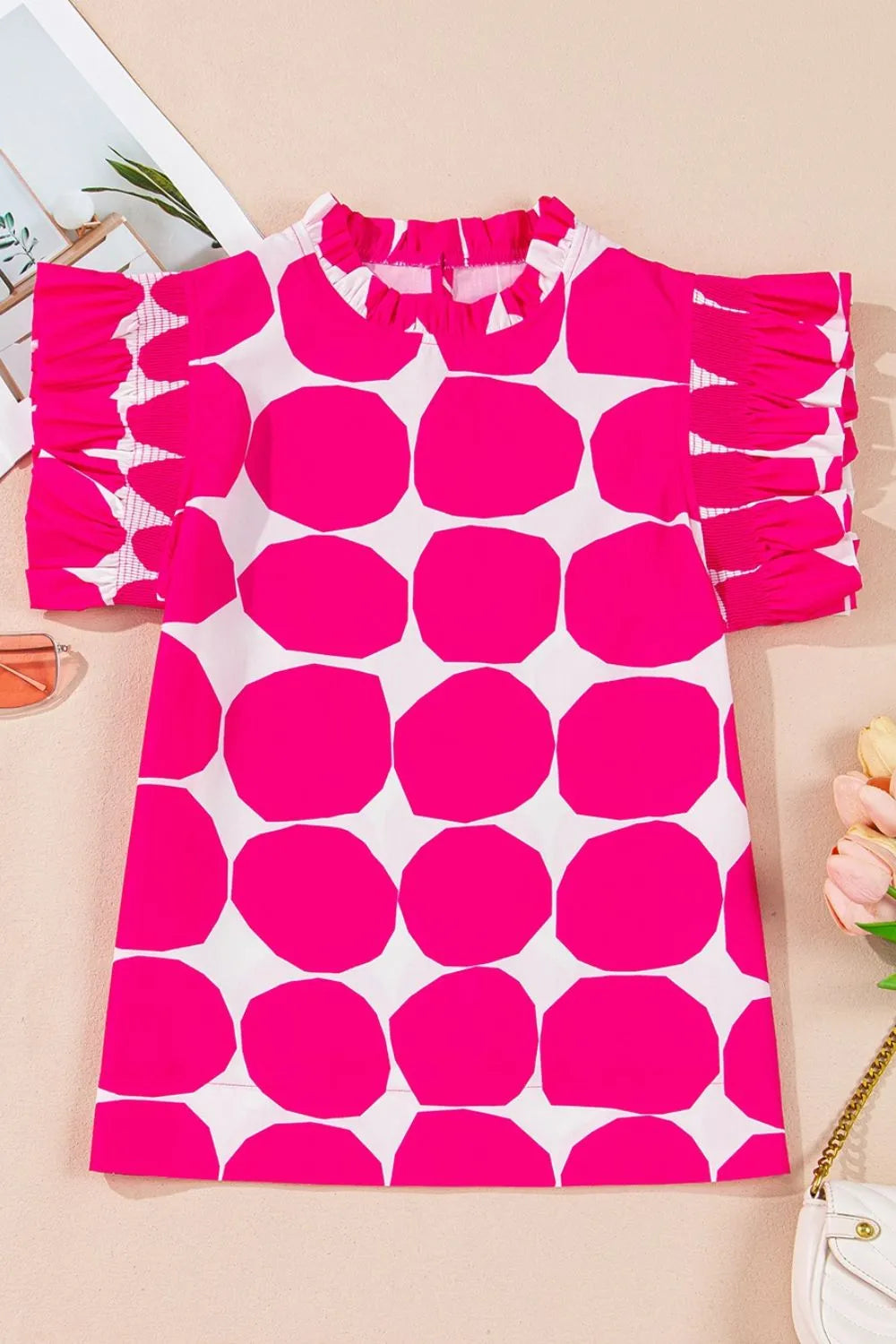 Bubblegum Pattern Frilled Collar Flutter Sleeve Top Blouses Luxurious Weddings