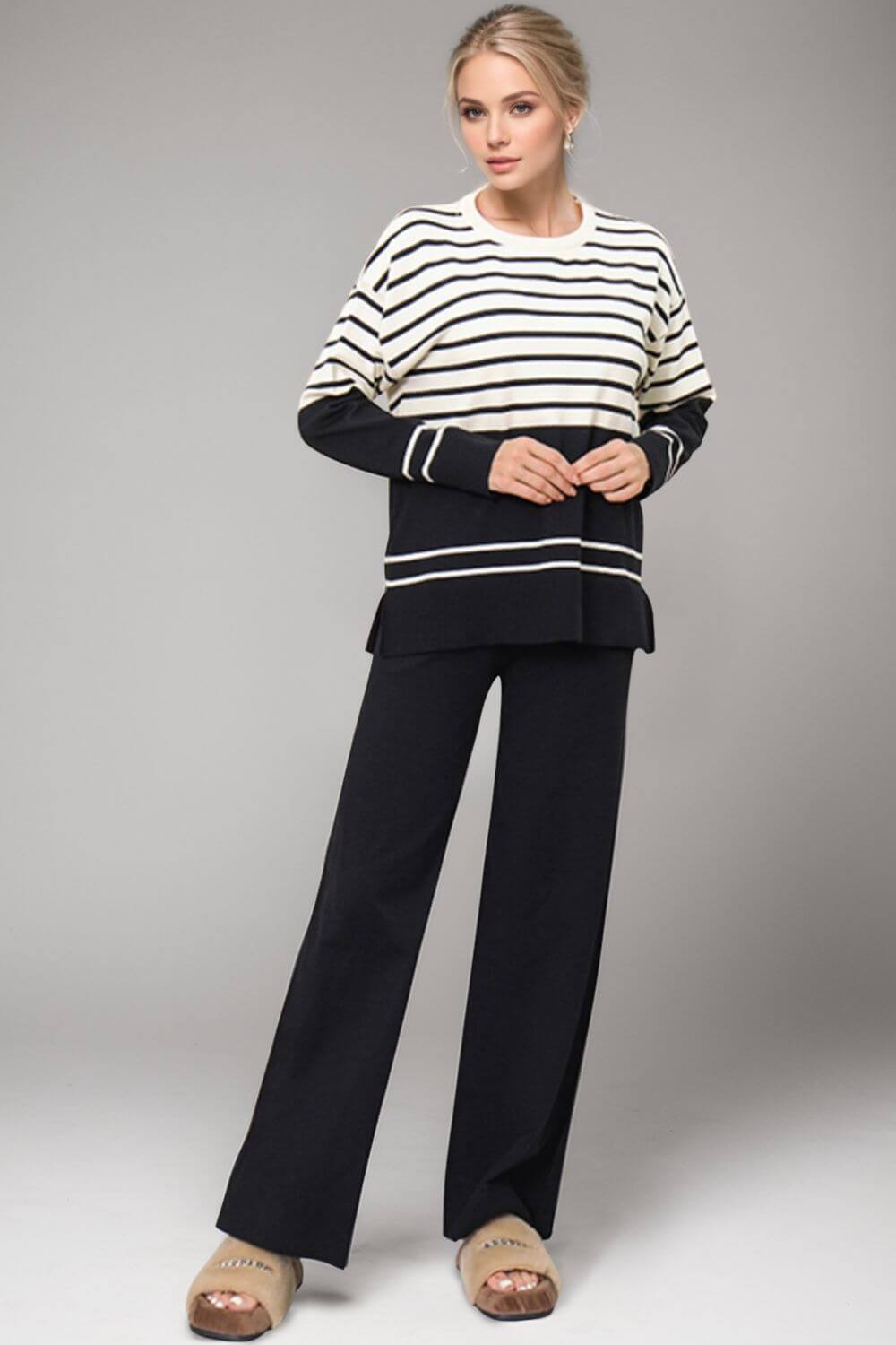 Basic Bae Striped Round Neck Long Sleeve Top and Pants Sweater Set Matching Sets Luxurious Weddings