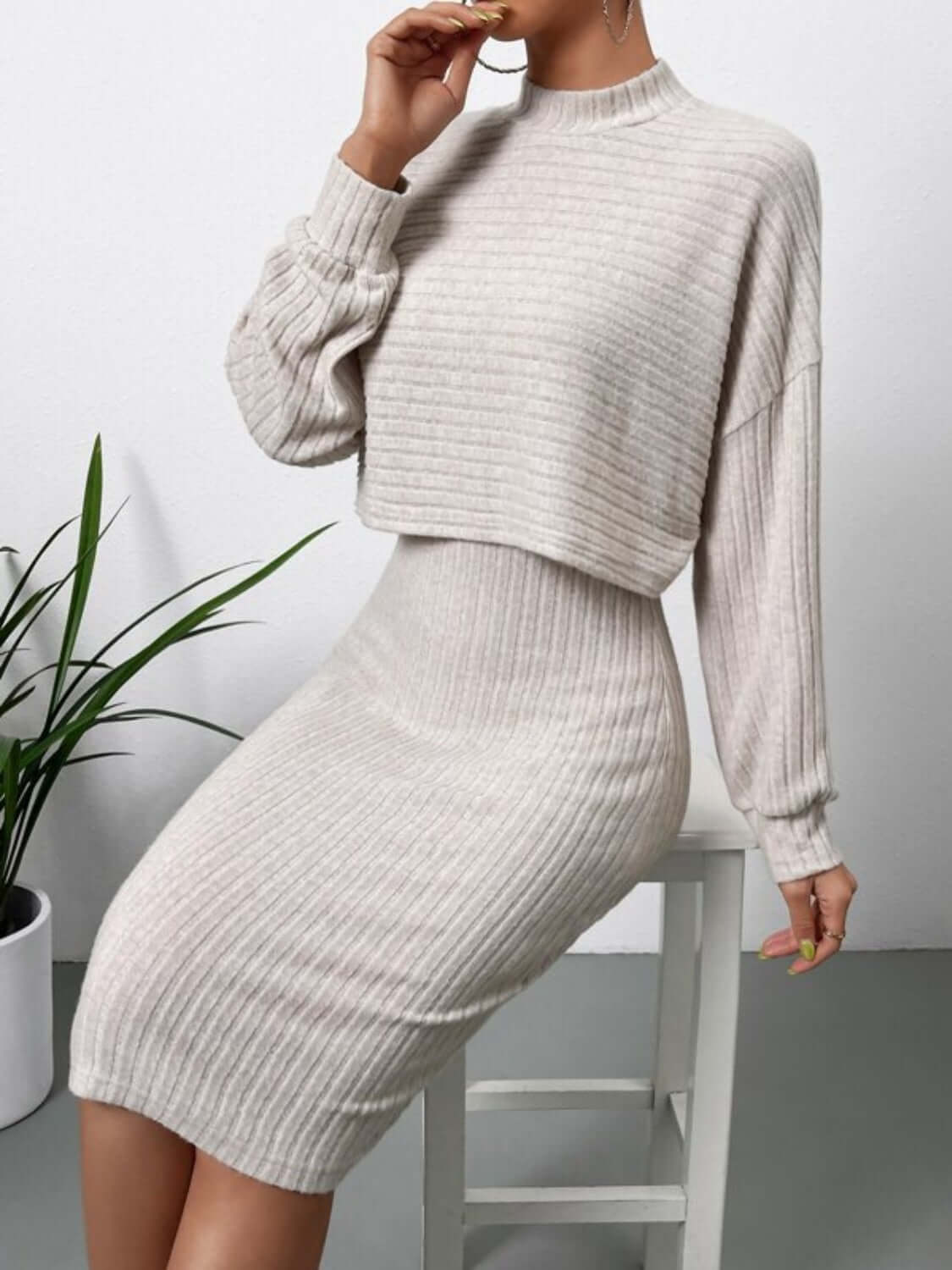 Mock Neck Long Sleeve Top and Wide Strap Dress Set Matching Sets Luxurious Weddings
