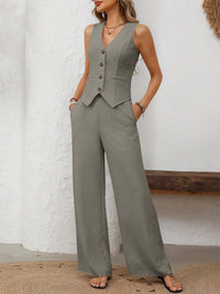 V-Neck Button Down Vest and Wide Leg Pants Set vest & pants set Luxurious Weddings