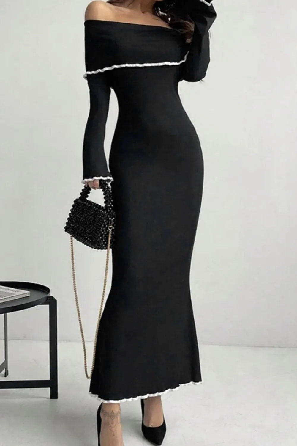 Contrast Trim Off-Shoulder Long Sleeve Maxi Sweater Dress Sweater Dress Luxurious Weddings