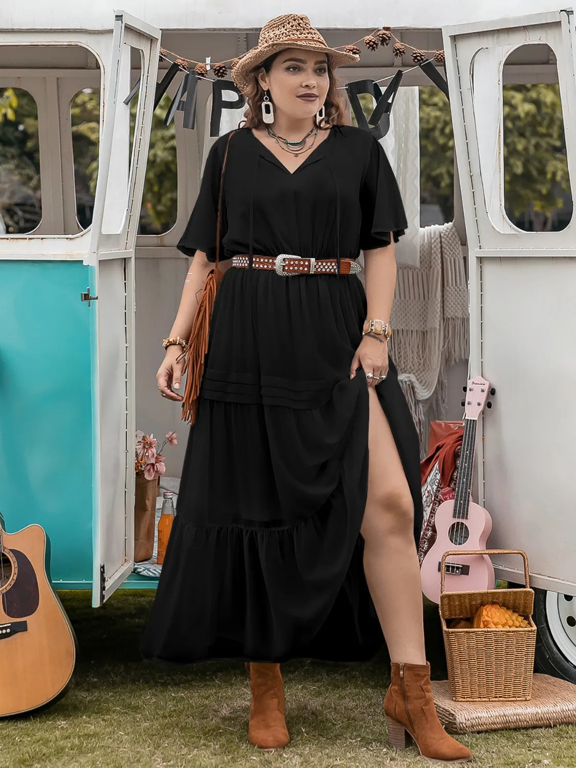 Plus Size Tie Neck Flutter Sleeve Dress Luxurious Weddings