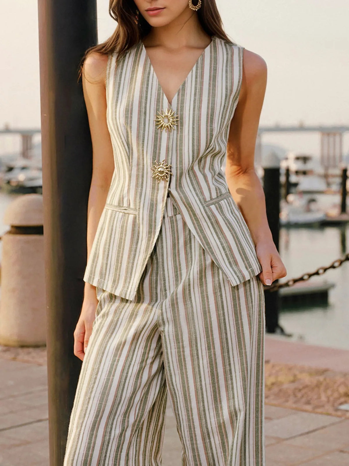 Striped Sleeveless V-Neck Top and Pants Two-Piece Set Women’s suits Luxurious Weddings