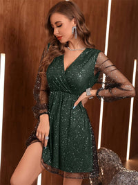 Glitter Surplice Long Sleeve Mini Dress Mini Dress Luxurious Weddings