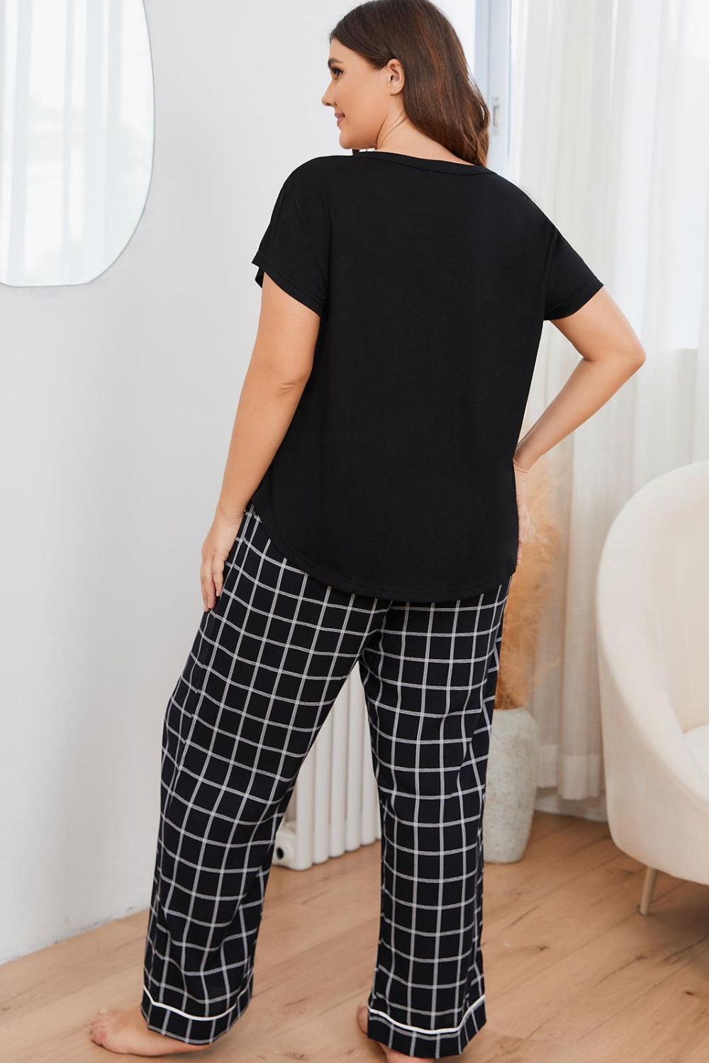Plus Size V-Neck Top and Plaid Pants Lounge Set Plus size sleepwear Luxurious Weddings