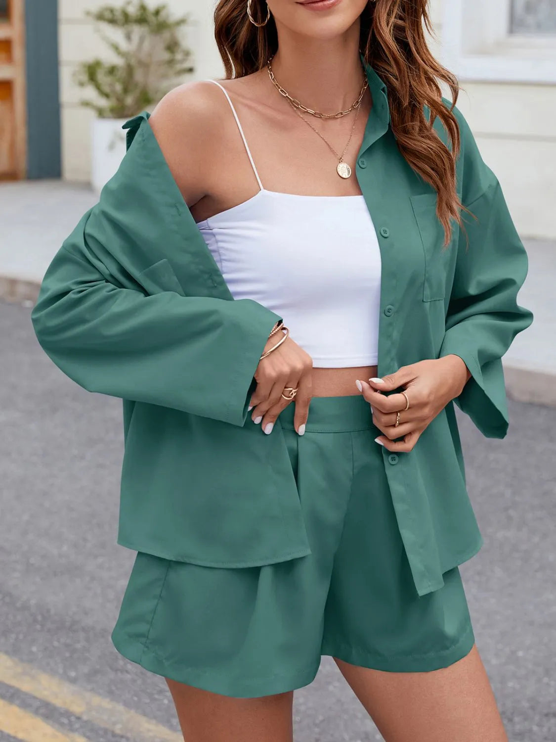 Button Up Long Sleeve Top and Shorts Set Matching Sets Luxurious Weddings