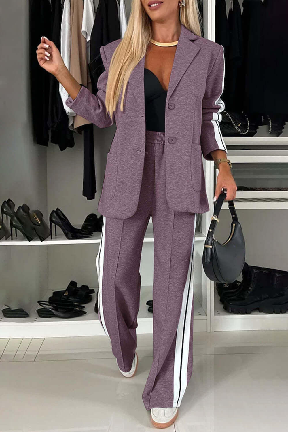 Full Size Contrast Lapel Collar Top and Pants Set Matching Sets Luxurious Weddings
