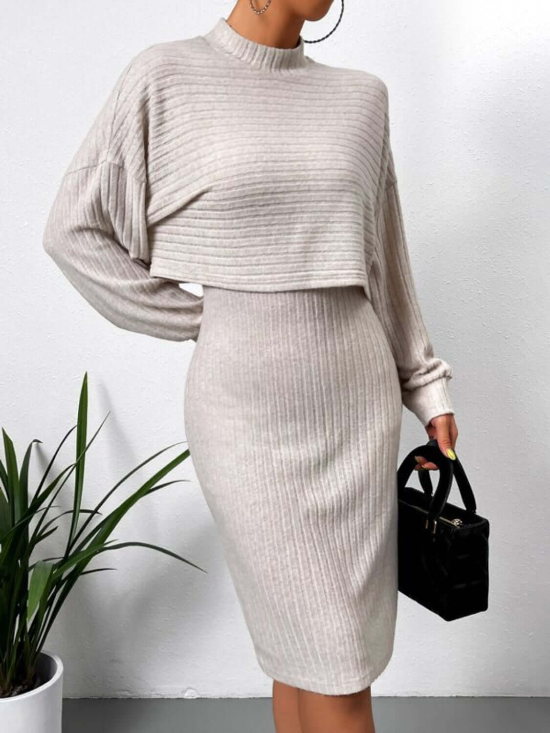 Mock Neck Long Sleeve Top and Wide Strap Dress Set Matching Sets Luxurious Weddings