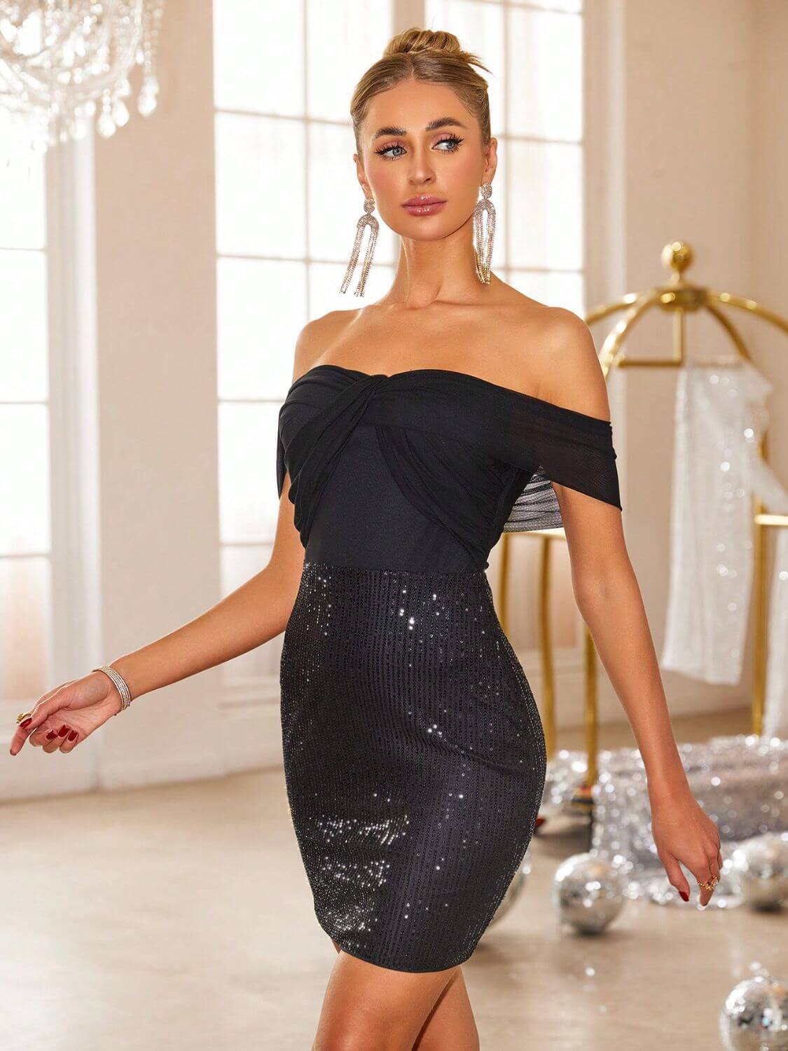 Backless Sequin Off Shoulder Short Sleeve Dress Mini Dress Luxurious Weddings