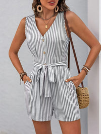 Striped V-neck button front belted romper with pockets, perfect for casual summer outings.